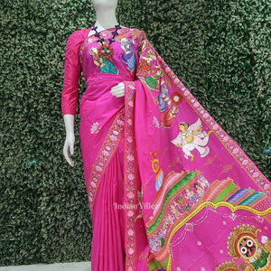 Rani Pink Shree Jagannath Hand-Painted Pattachitra Saree