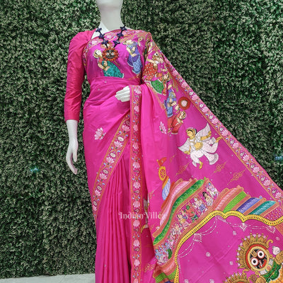 Rani Pink Shree Jagannath Hand-Painted Pattachitra Saree