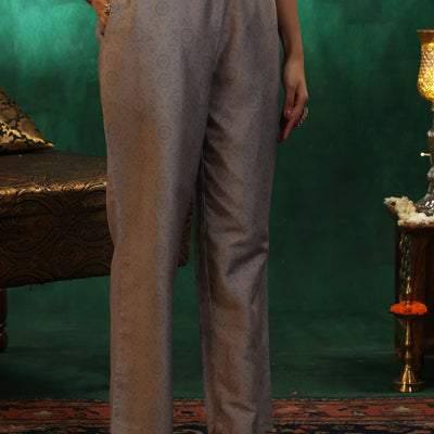 Green Woven Design Silk Blend Straight Suit With Dupatta