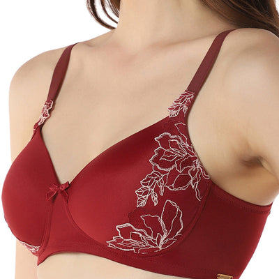 Floral Chic Padded Non-Wired Bra - Red Berry & Sepia Rose