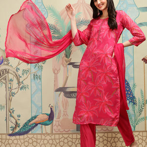 Floral Printed Round Neck Mirror Work Straight Kurta with Trousers & Dupatta