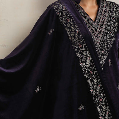 trueBrowns Purple Velvet Embroidered Kurta Pant Dupatta Set