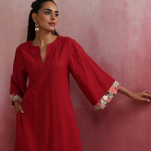 trueBrowns Red Straight Cotton Dobby Kurta Set