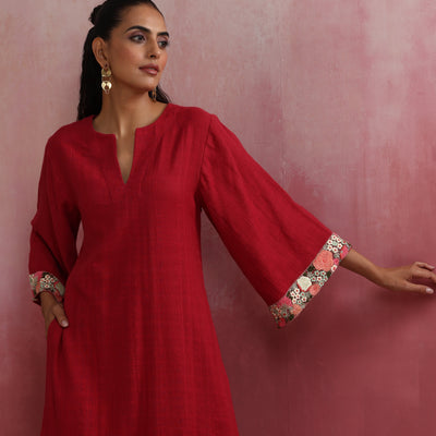 trueBrowns Red Straight Cotton Dobby Kurta Set