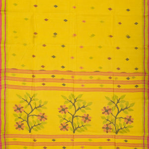 Lemon Yellow Handloom Bengal Cotton Saree With Diamond Motifs
