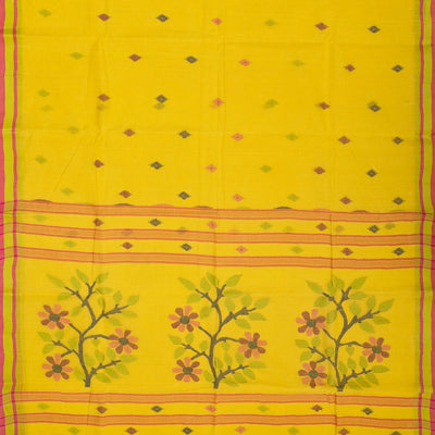Lemon Yellow Handloom Bengal Cotton Saree With Diamond Motifs