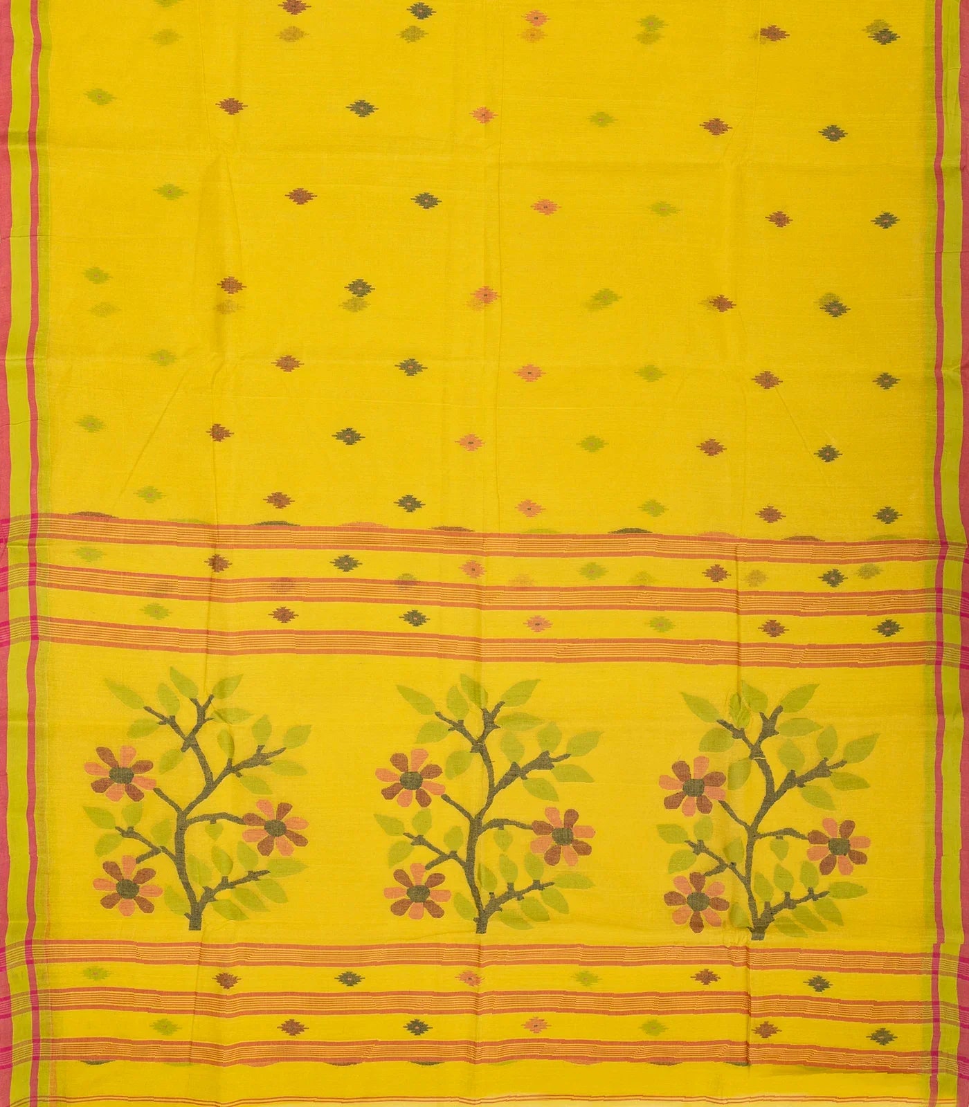 Lemon Yellow Handloom Bengal Cotton Saree With Diamond Motifs