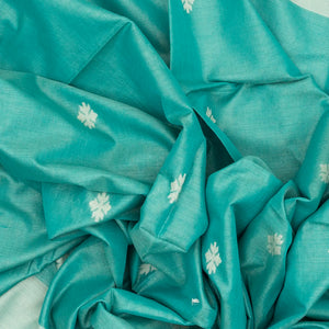 Turquoise Handloom Bengal Cotton Saree With Stripes & Buttas