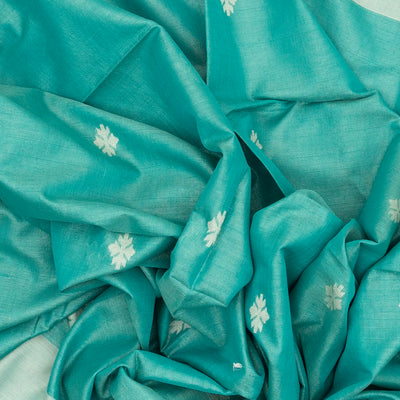 Turquoise Handloom Bengal Cotton Saree With Stripes & Buttas