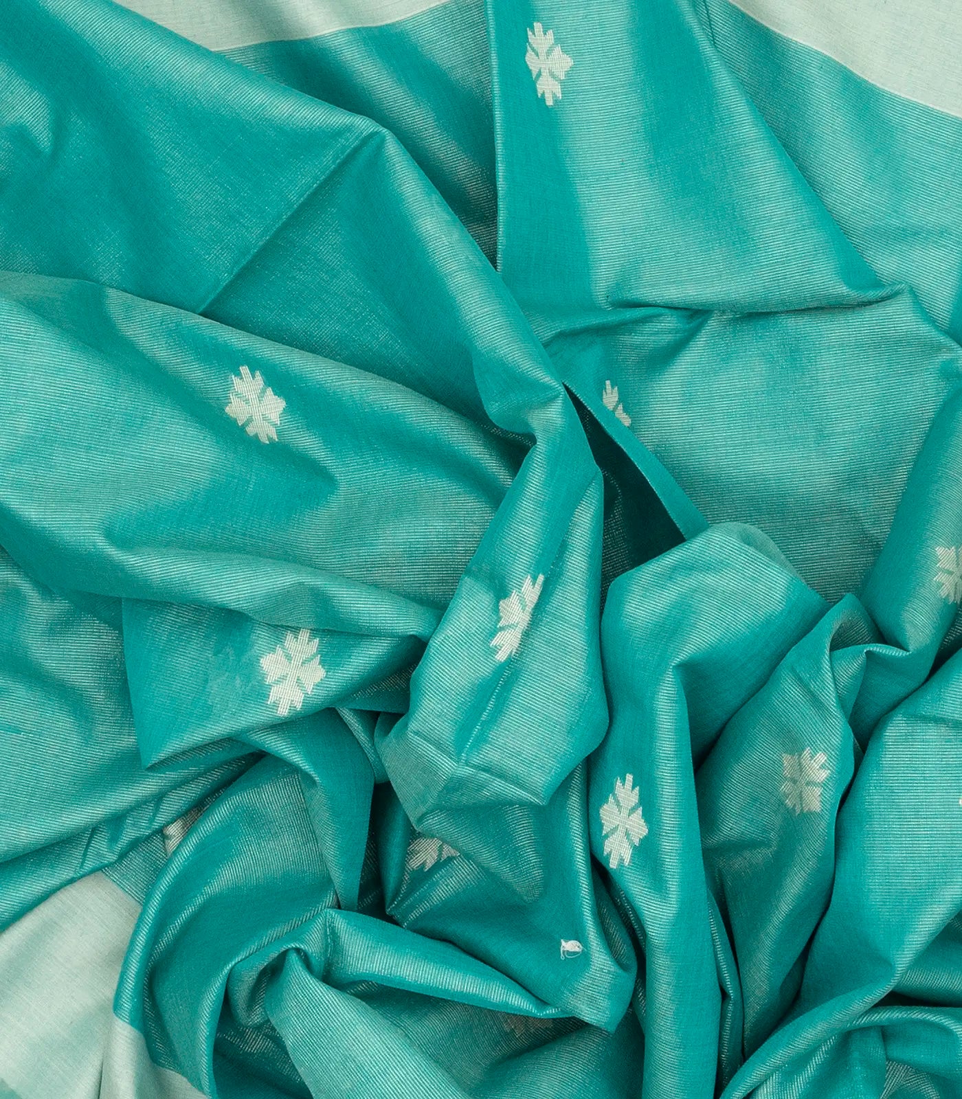 Turquoise Handloom Bengal Cotton Saree With Stripes & Buttas