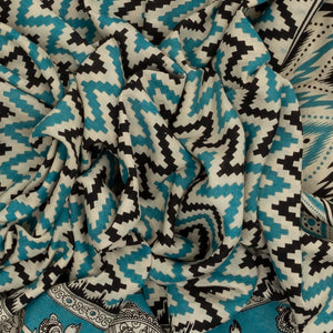 Turquoise Handloom Kalamkari Cotton Saree With Printed Chevron Motifs
