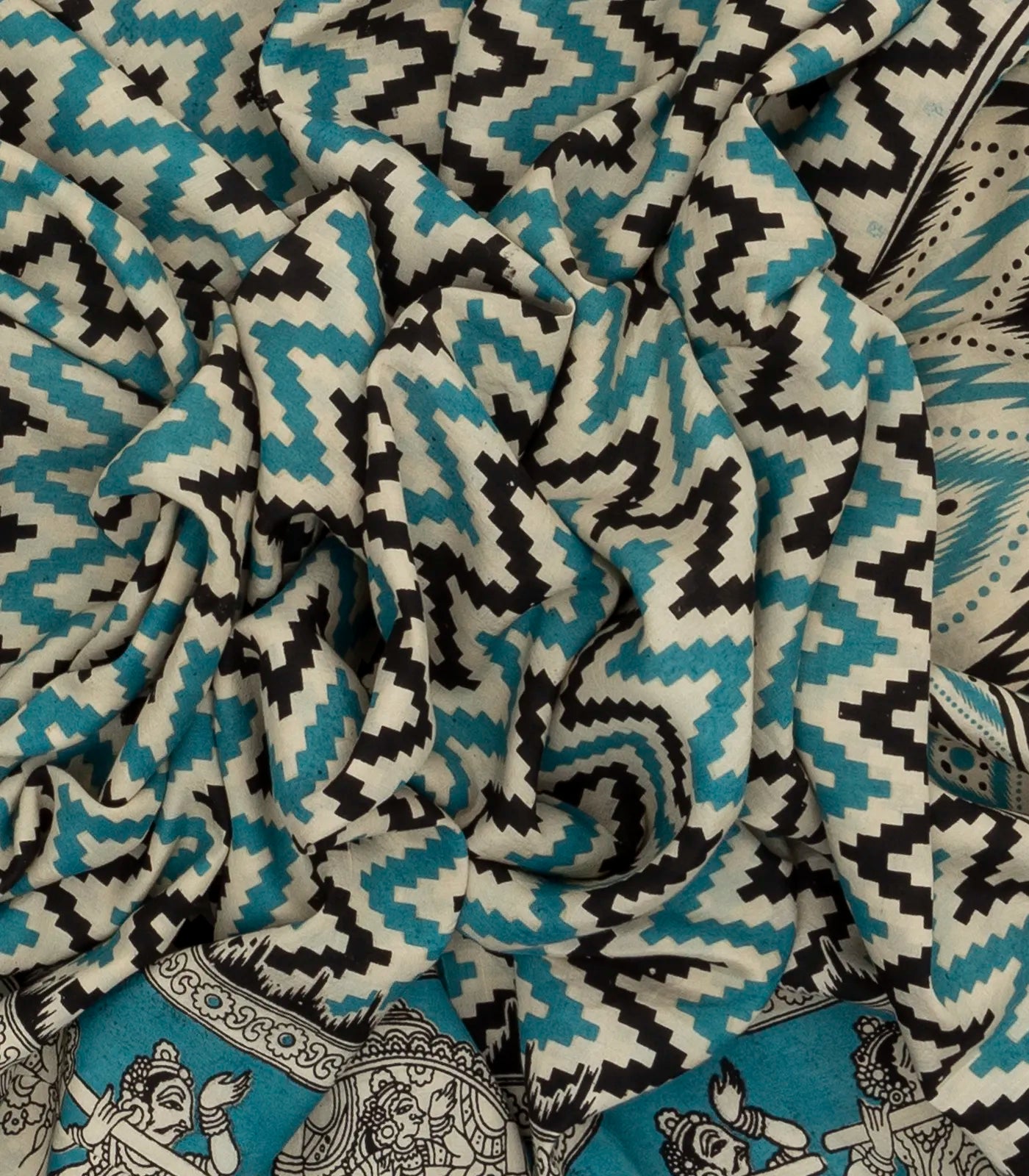 Turquoise Handloom Kalamkari Cotton Saree With Printed Chevron Motifs