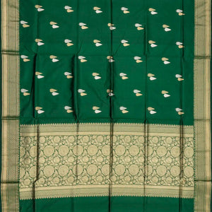 Dark Green Handloom Banarasi Silk Saree With Gold & Silver Zari Buttas