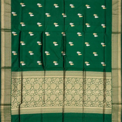 Dark Green Handloom Banarasi Silk Saree With Gold & Silver Zari Buttas