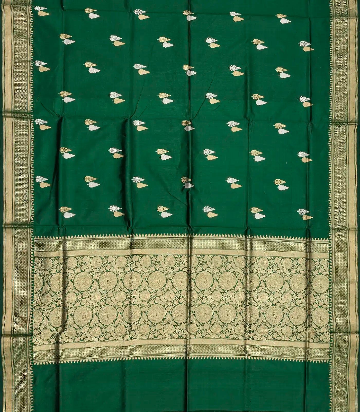 Dark Green Handloom Banarasi Silk Saree With Gold & Silver Zari Buttas