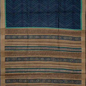 Navy Blue Handloom Tussar Silk Saree Printed With Chevron Motifs