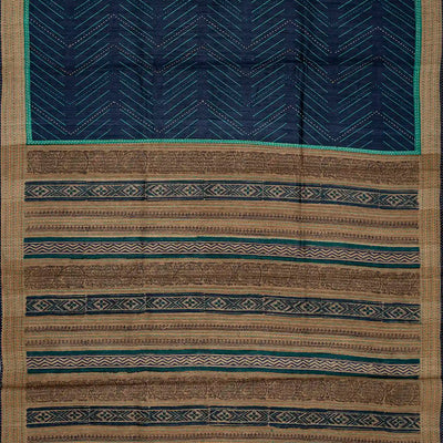 Navy Blue Handloom Tussar Silk Saree Printed With Chevron Motifs