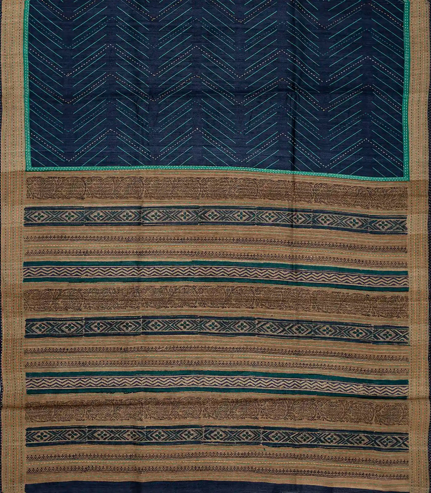 Navy Blue Handloom Tussar Silk Saree Printed With Chevron Motifs