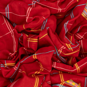 Red Handloom Bhujodi Cotton Saree With Checks