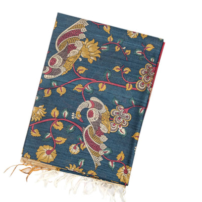 Dark Grey Handloom Tussar Silk Saree With Printed Peacock Motifs