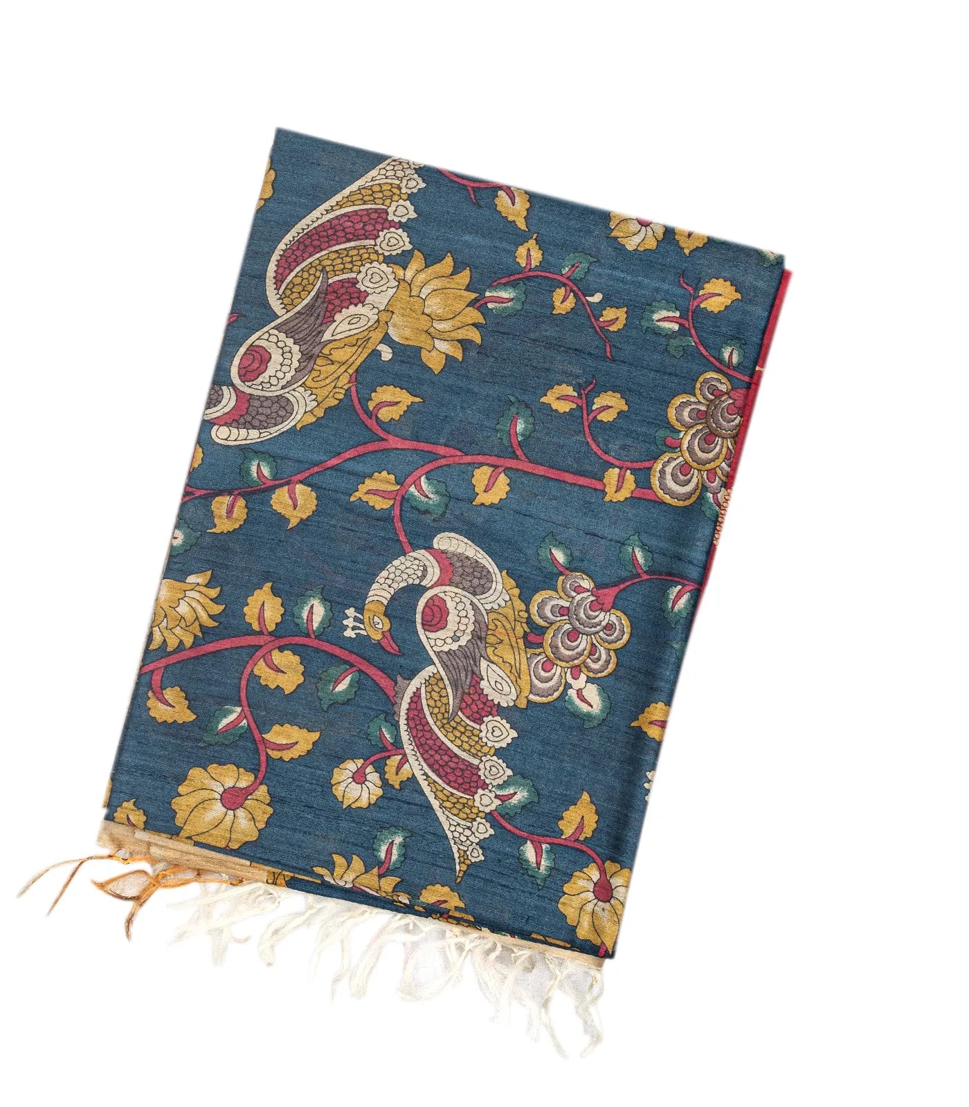 Dark Grey Handloom Tussar Silk Saree With Printed Peacock Motifs