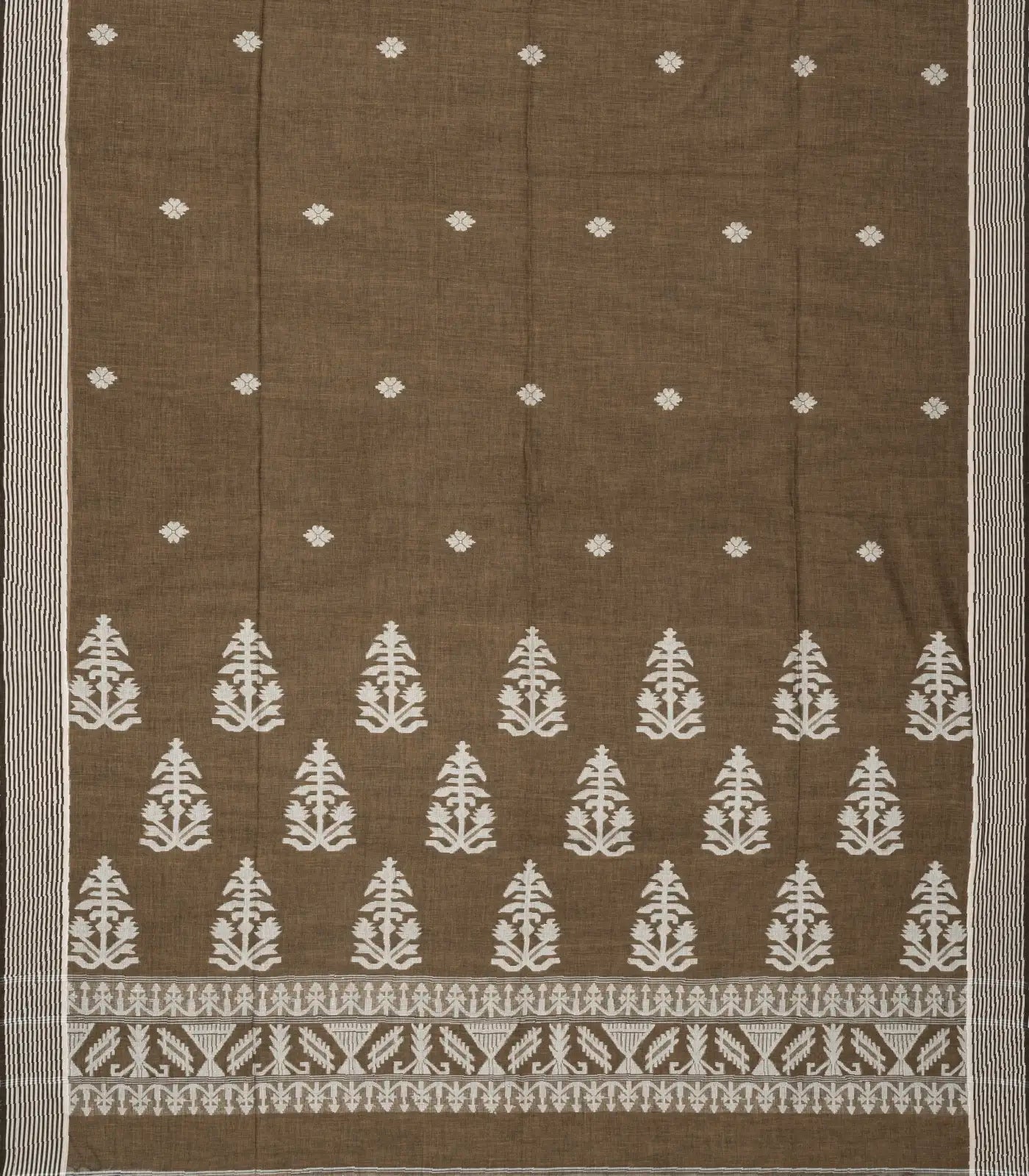 Dark Grey Handloom Bengal Cotton Saree With Floral Buttas