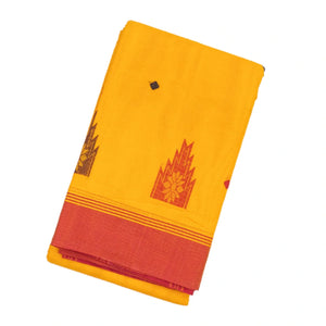 Yellow Handloom Rasipuram Cotton Saree With Diamond & Temple Motifs