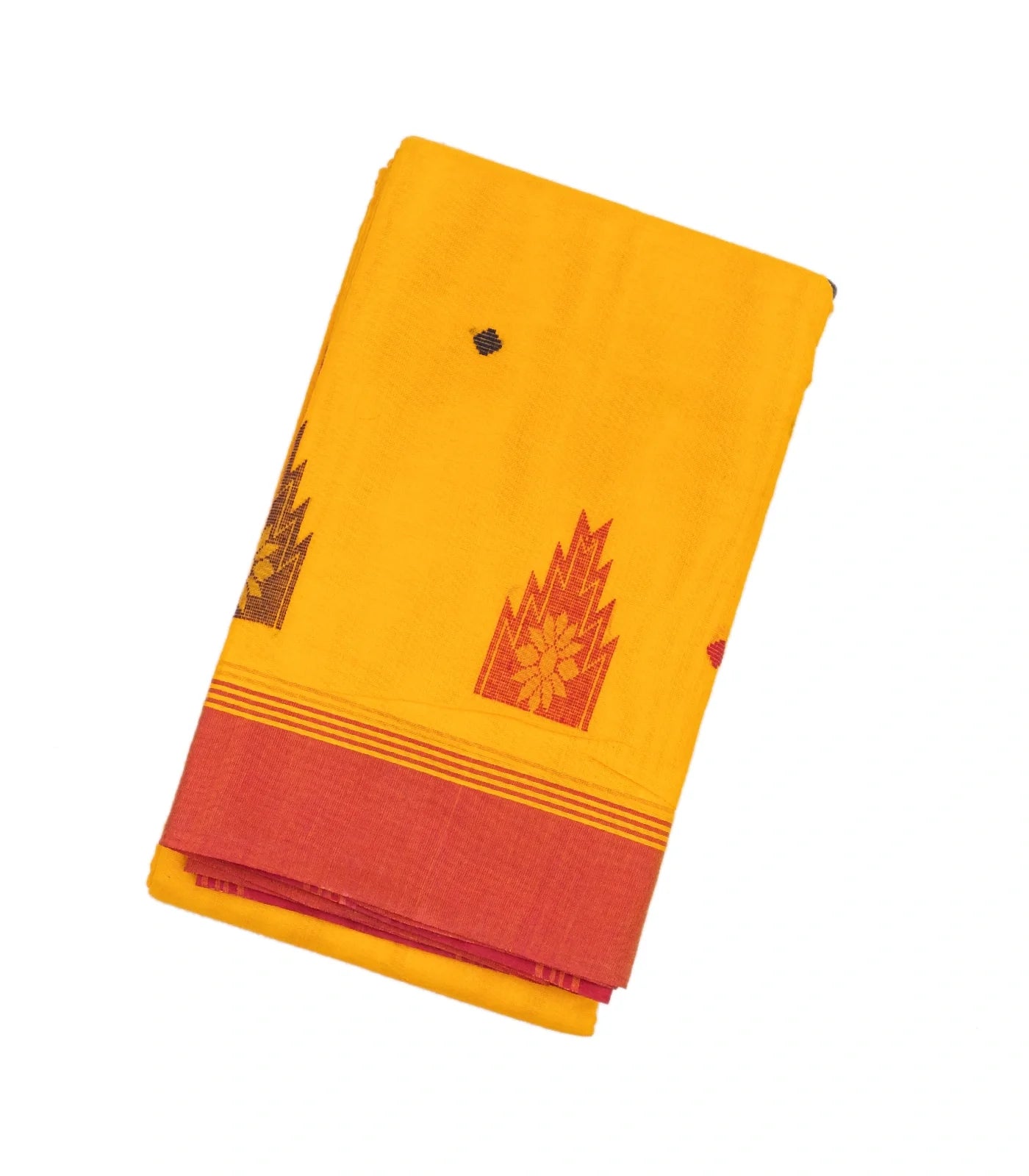 Yellow Handloom Rasipuram Cotton Saree With Diamond & Temple Motifs