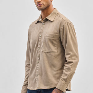 Beige Suede Snap Button Overshirt