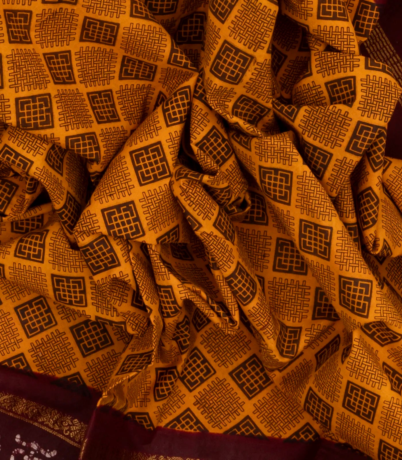 Mustard Sungudi Cotton Saree With Square Motifs