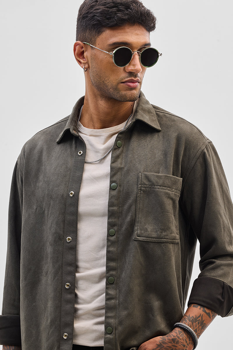 Olive Suede Snap Button Overshirt