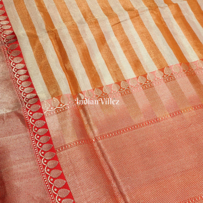 Orange White Stripes Pattern Designer Banarasi Tissue Saree