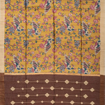 Beige Handloom Tussar Silk Saree With Printed Peacock Motifs