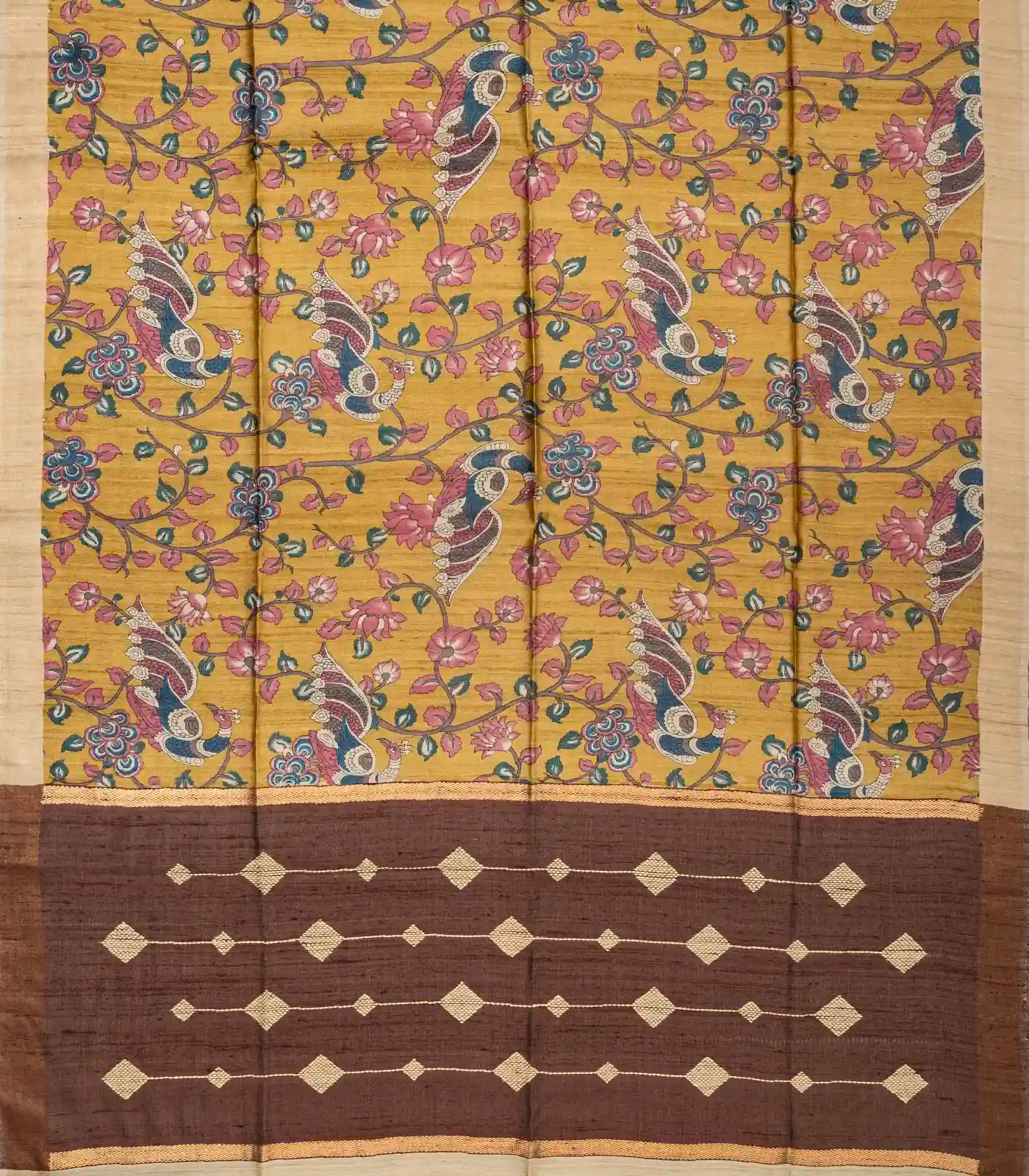 Beige Handloom Tussar Silk Saree With Printed Peacock Motifs