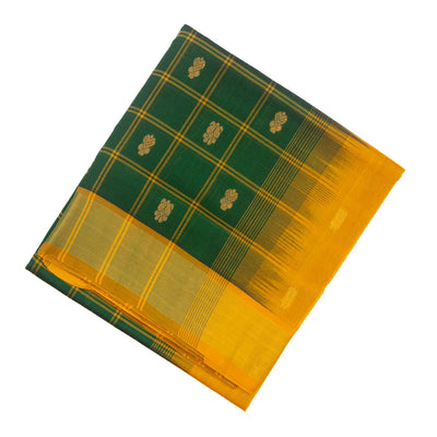 Dark Green Handloom Silk Cotton Saree With Checks & Buttas