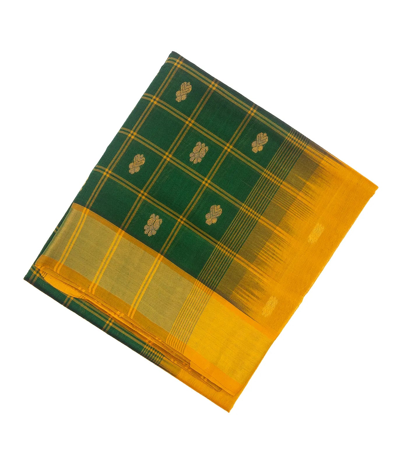 Dark Green Handloom Silk Cotton Saree With Checks & Buttas