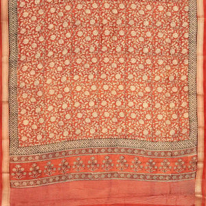 Peach Handloom Chanderi Cotton Saree With Printed Cream Floral Motif