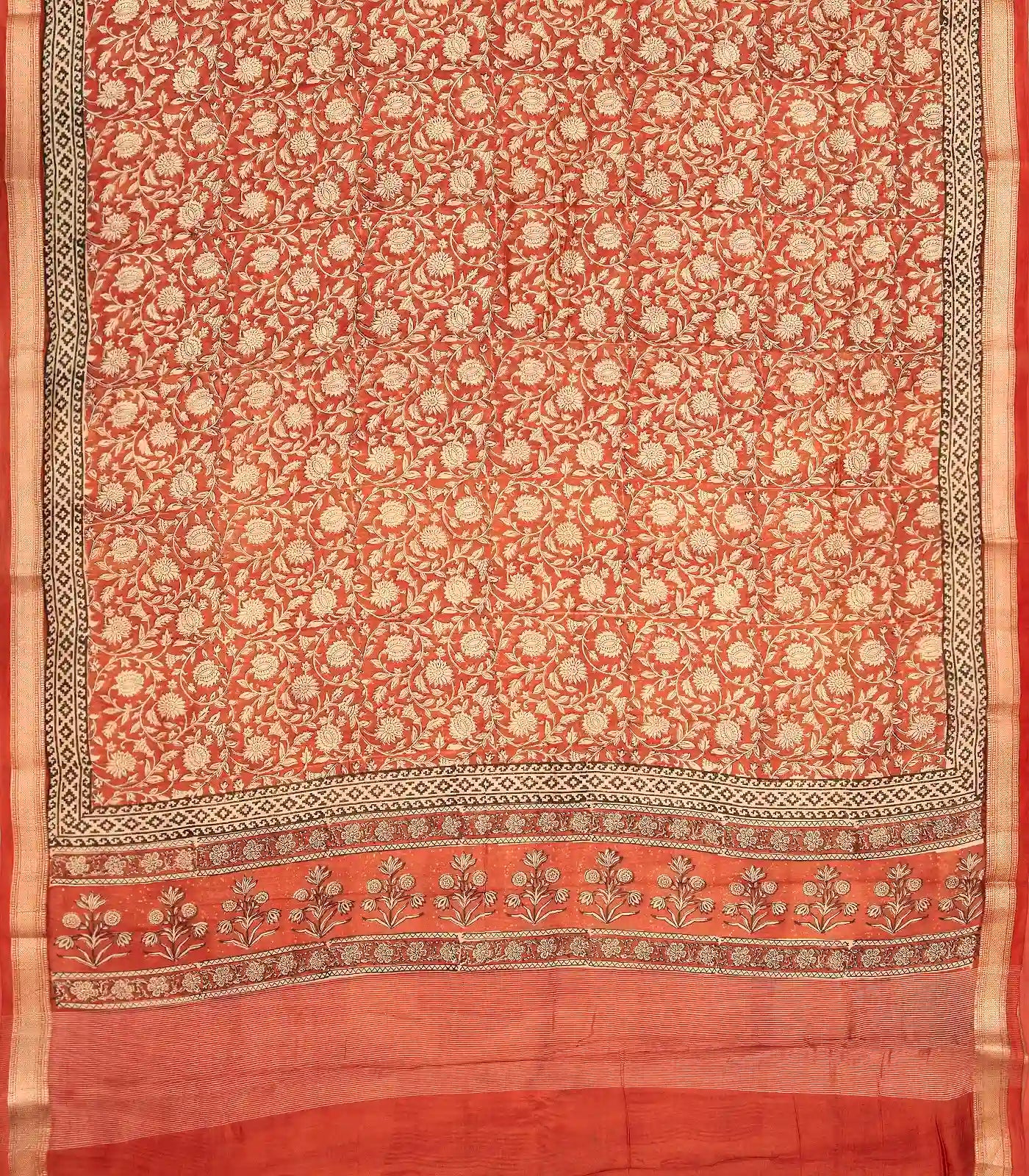 Peach Handloom Chanderi Cotton Saree With Printed Cream Floral Motif