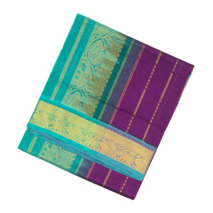 Purple Handloom Silk Cotton Saree With Stripes And Animal Motifs