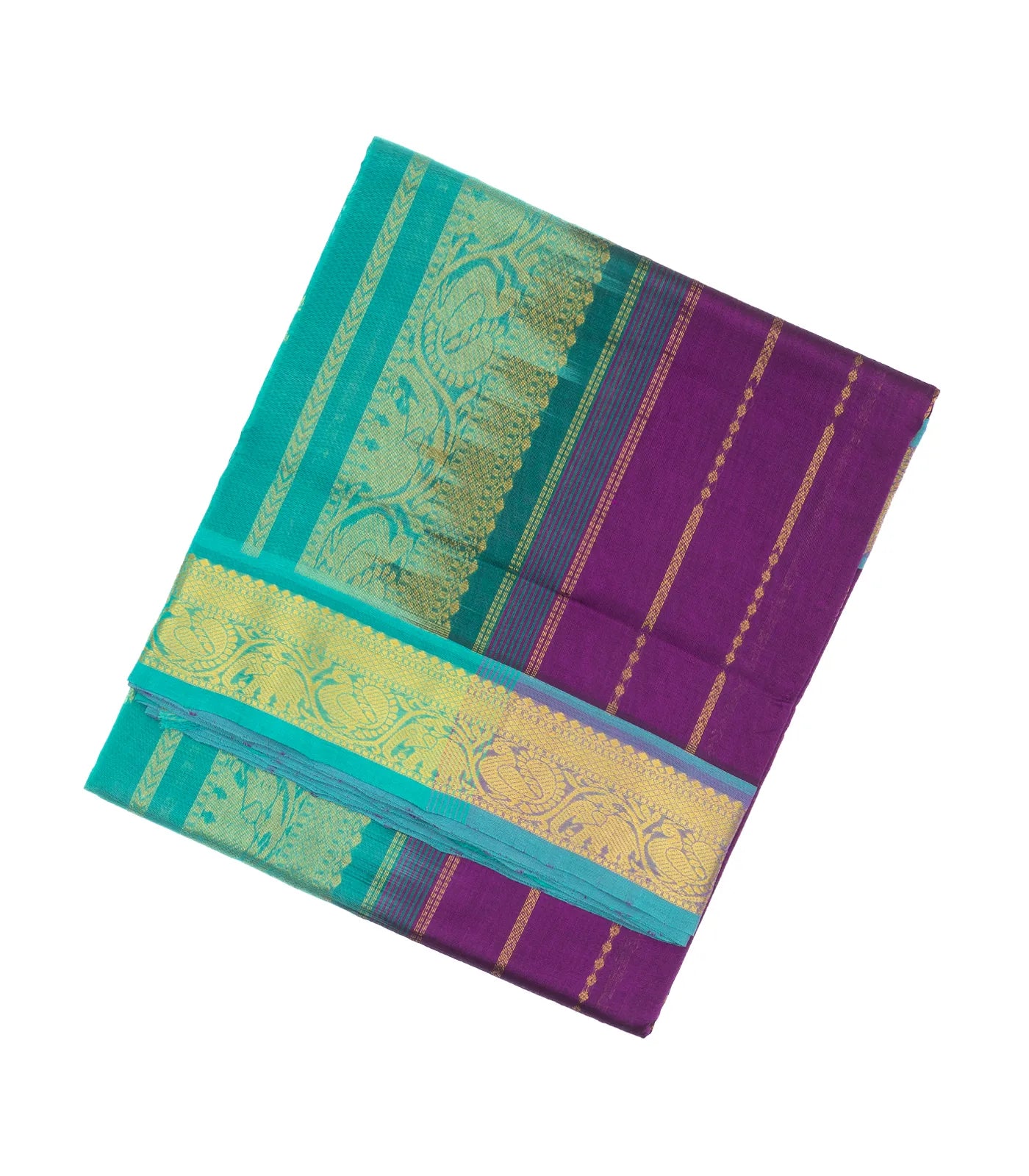 Purple Handloom Silk Cotton Saree With Stripes And Animal Motifs