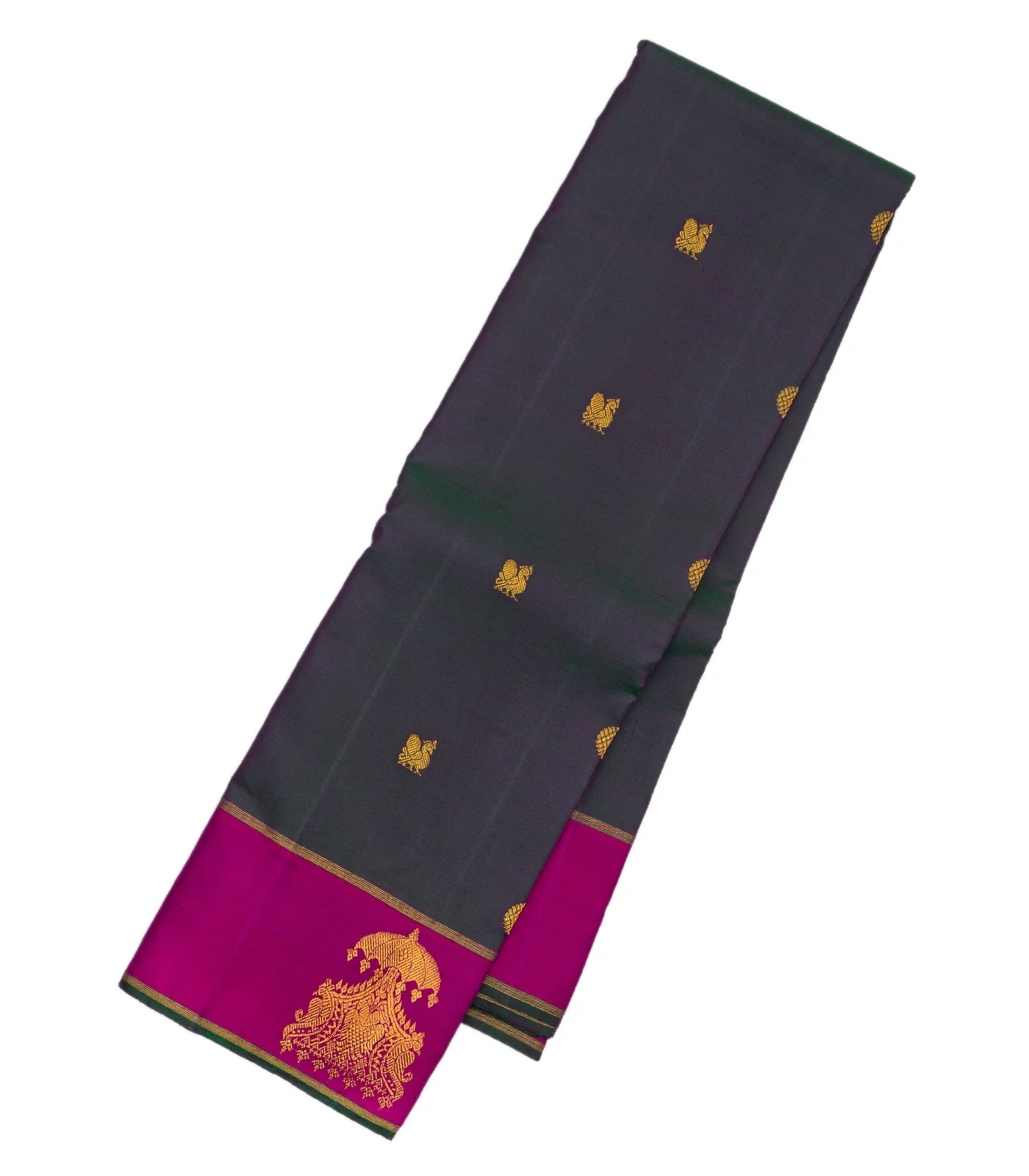 Dark Grey Handloom Kanchipuram Silk Saree With Annam Buttas