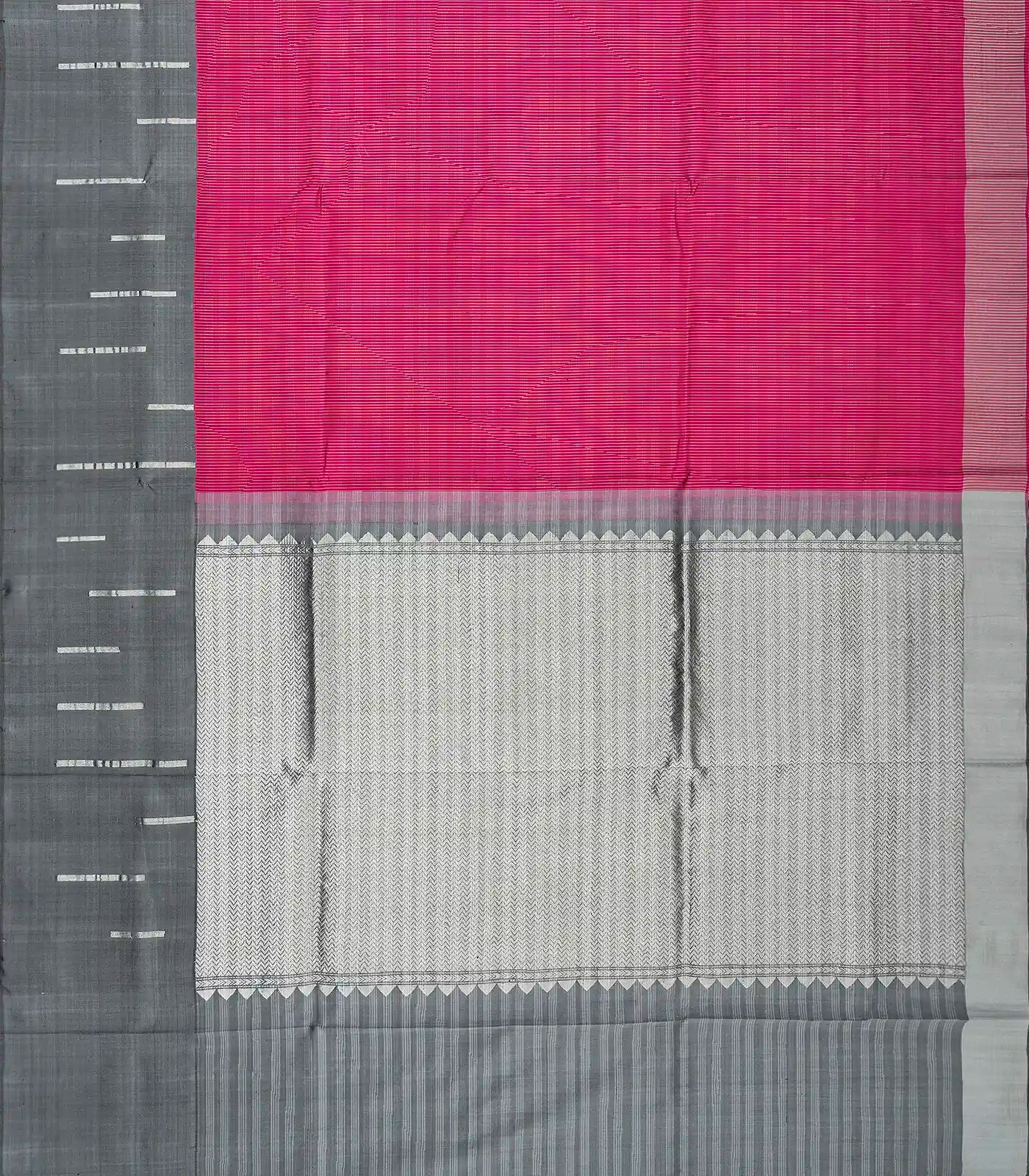 Pink Handloom Soft Silk Saree With Stripes & Contrast Grey Border