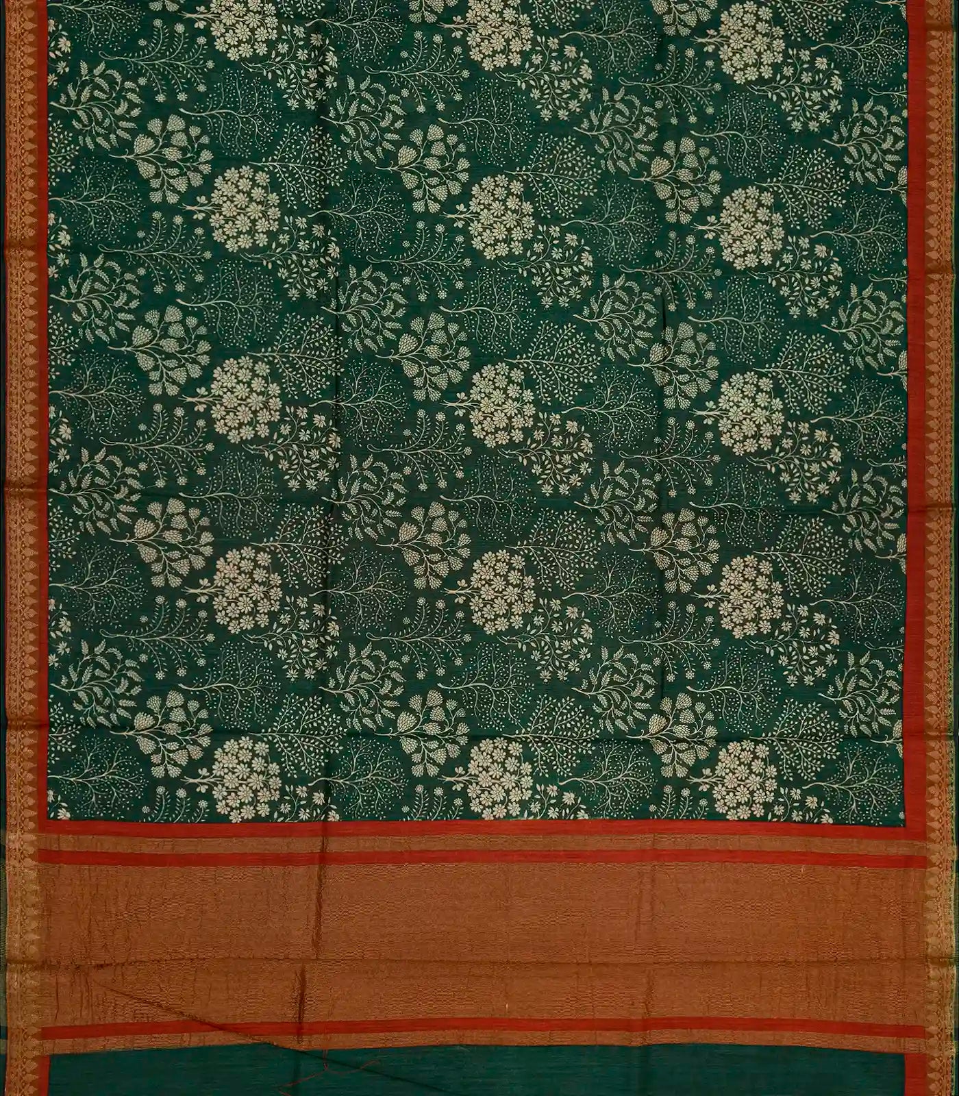 Bottle Green Tussar Silk Saree Is Printed With Tree Motifs