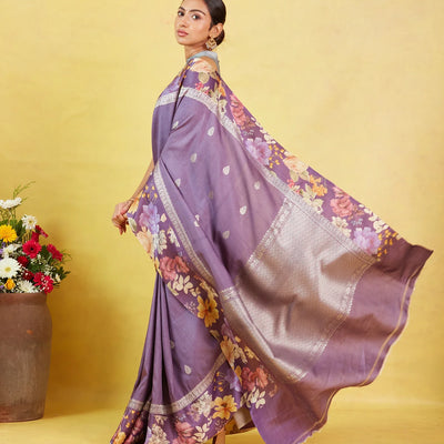 Lilac Handloom Tussar Silk Saree With Printed Border