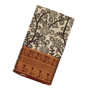 Off White Handloom Kalamkari Cotton Saree With Printed Annam Vine Motifs