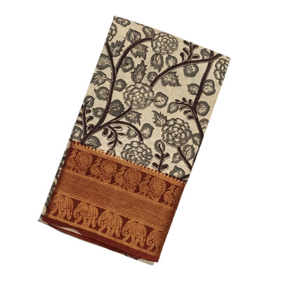 Off White Handloom Kalamkari Cotton Saree With Printed Annam Vine Motifs