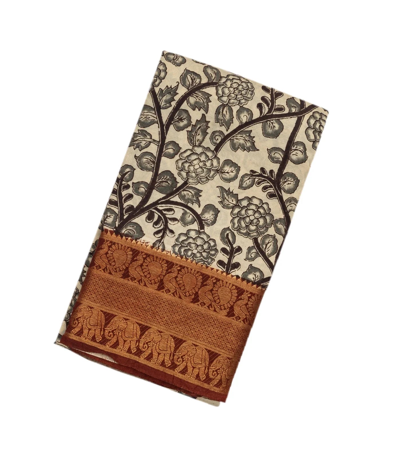 Off White Handloom Kalamkari Cotton Saree With Printed Annam Vine Motifs