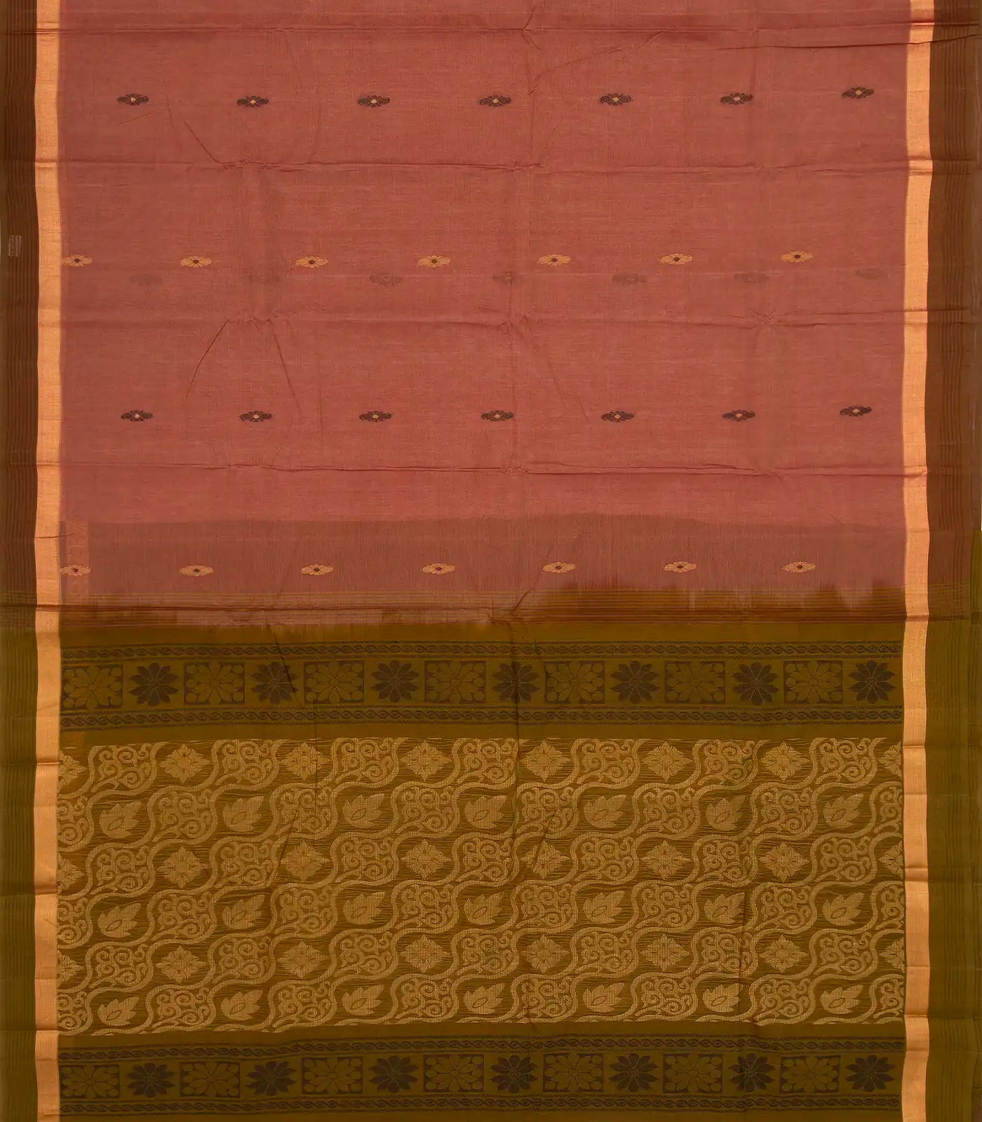 Chestnut Pink Handloom Village Cotton Saree With Floral Buttas.