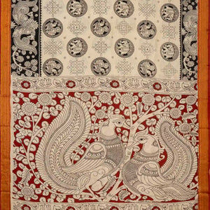 Taupe Handloom Kalamkari Cotton Saree With Printed Annam & Elephant Motifs