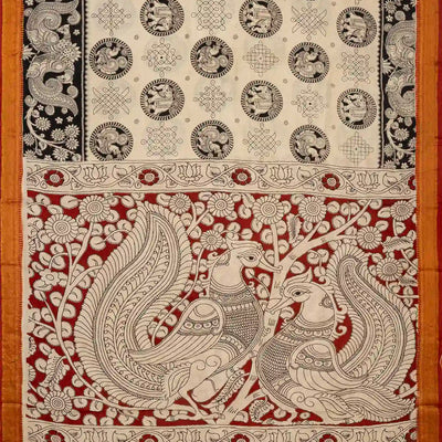 Taupe Handloom Kalamkari Cotton Saree With Printed Annam & Elephant Motifs